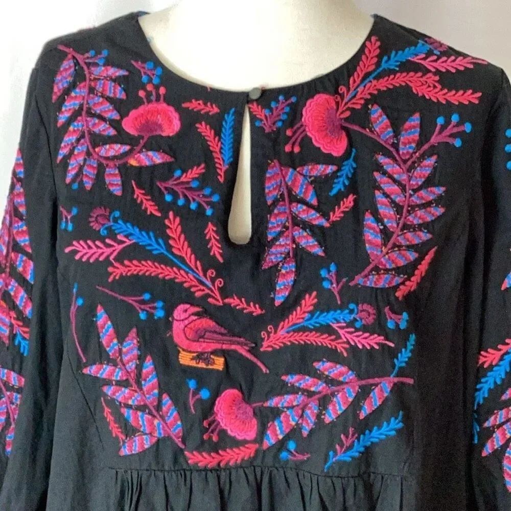 Maeve Anthropologie Embroidered Bird Floral Boho Tunic Dress Black Large - Picture 4 of 11